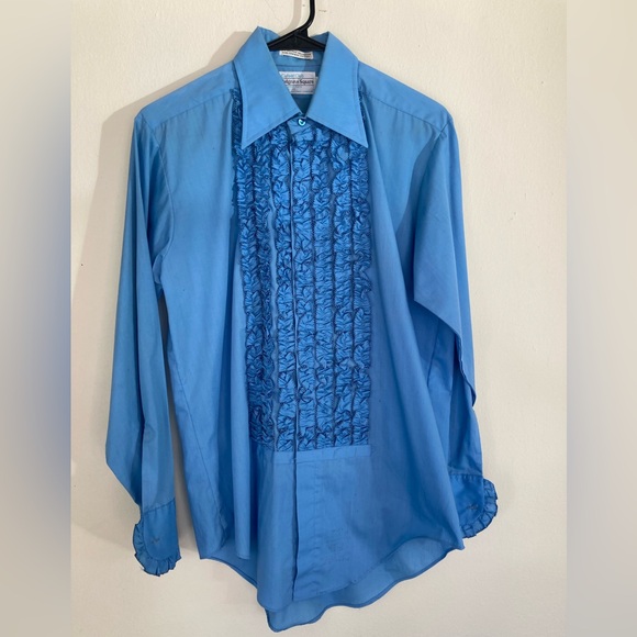 Career Club Belgrave Square Vintage Blue Ruffle Tuxedo Shirt - Picture 1 of 5
